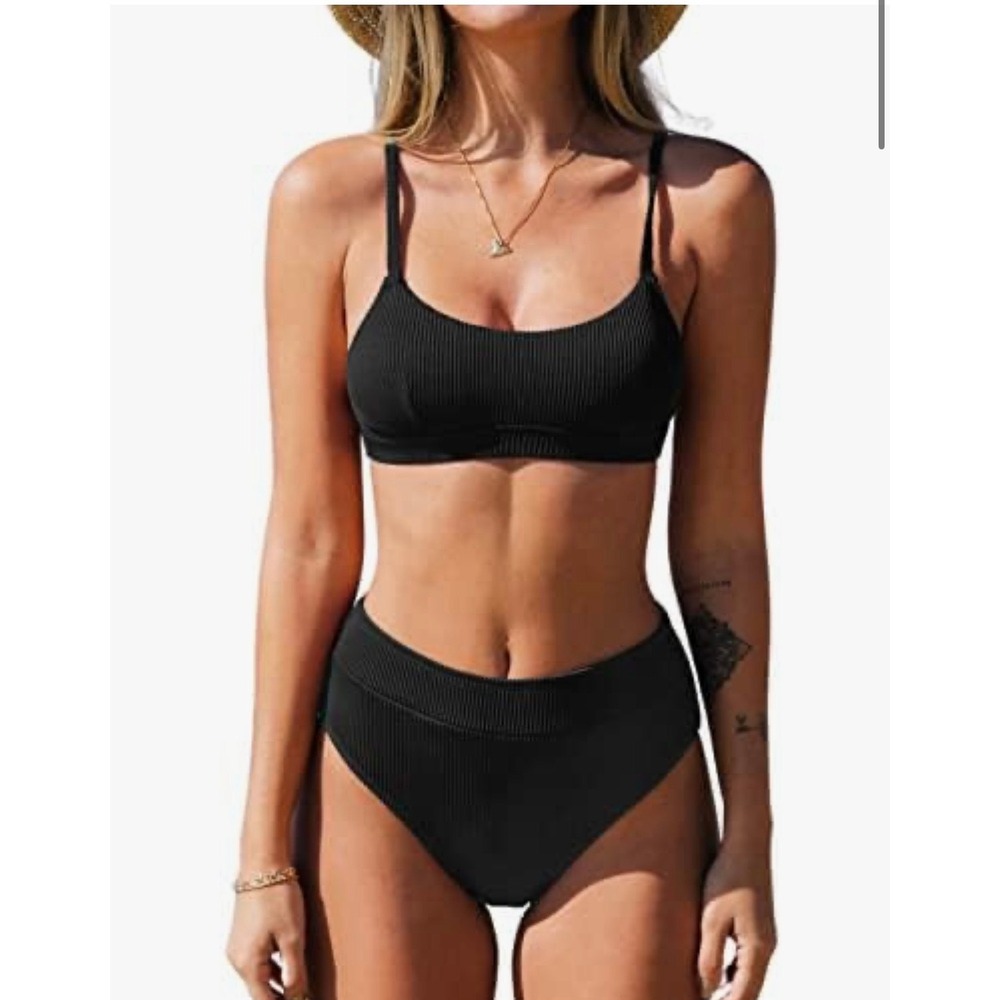 NWT Cupshe Black Ribbed High Waisted Bikini Scoop Neck Two‎ Piece Swimsuit Small